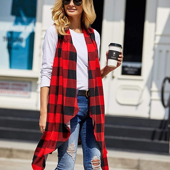 🔥 Womens Plaid Open Front Cardigan Sleeveless - Picture 6 of 7